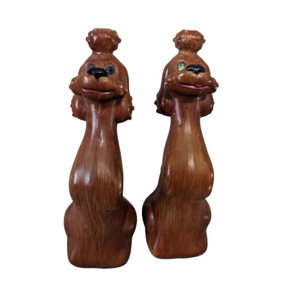 Vintage MCM Long Neck Poodle Figurine‎ Set Faux Wood Jeweled Eyes 6"Kitch MCM